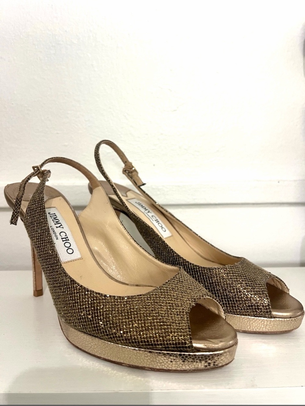 Jimmy Choo Nova Champagne Metallic Gold Peep-Toe Slingback Platform Heels 38